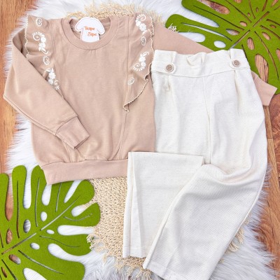 Conj. Blusão com Flores Laterais e Calça de Linho - Areia